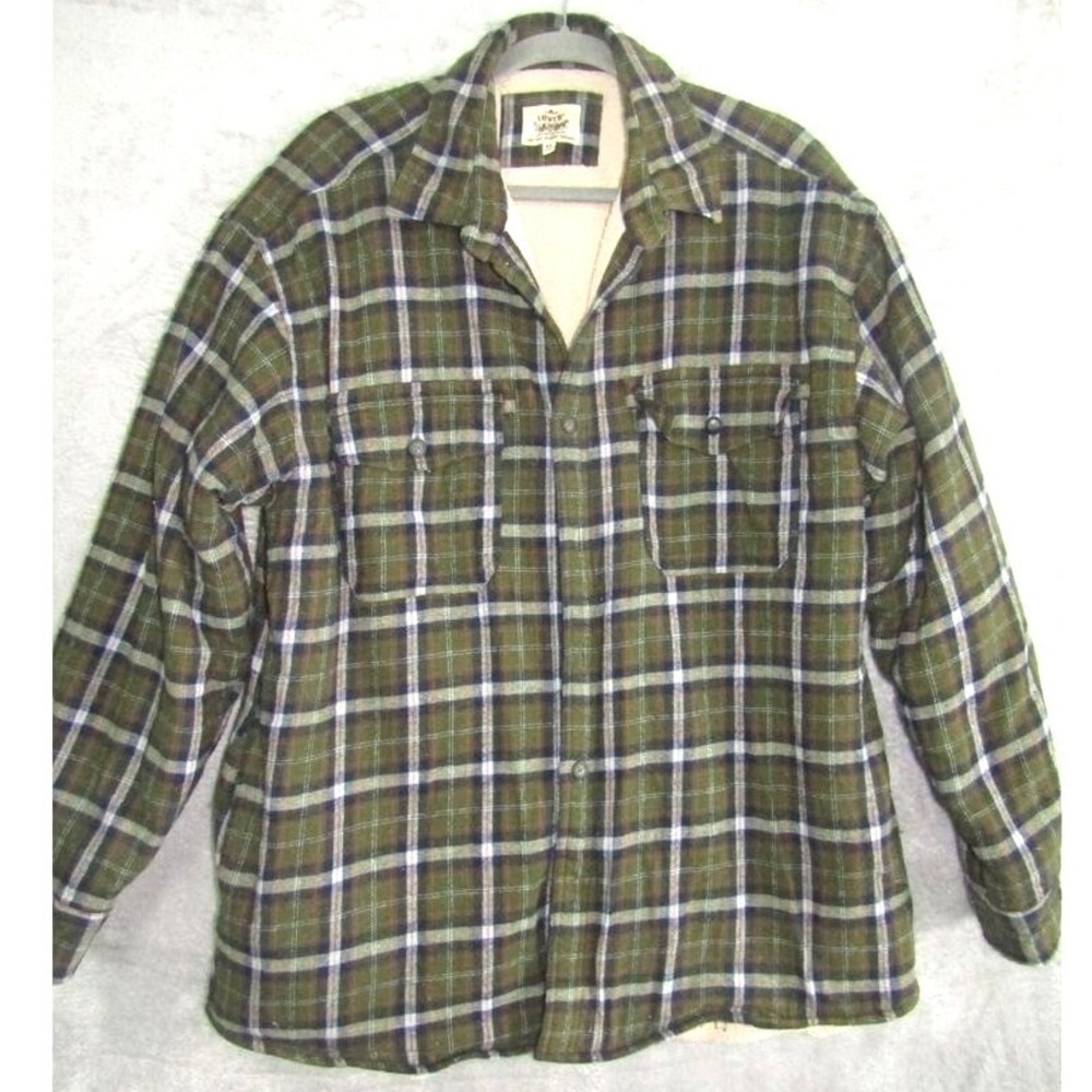 Levi's Men's XL Green Plaid Sherpa Lined Flannel Shirt Jacket "Two Horse Brand"